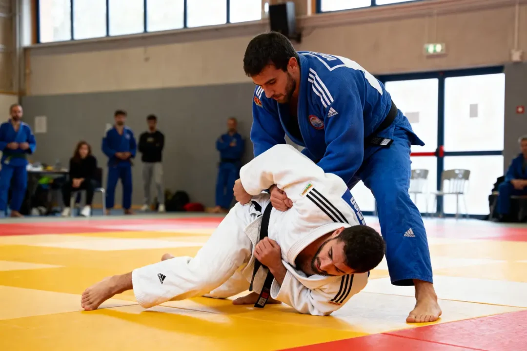 Deux judokas en duel sur tatami, judogi blanc et bleu, salle avec spectateurs flous en arrière-plan.
