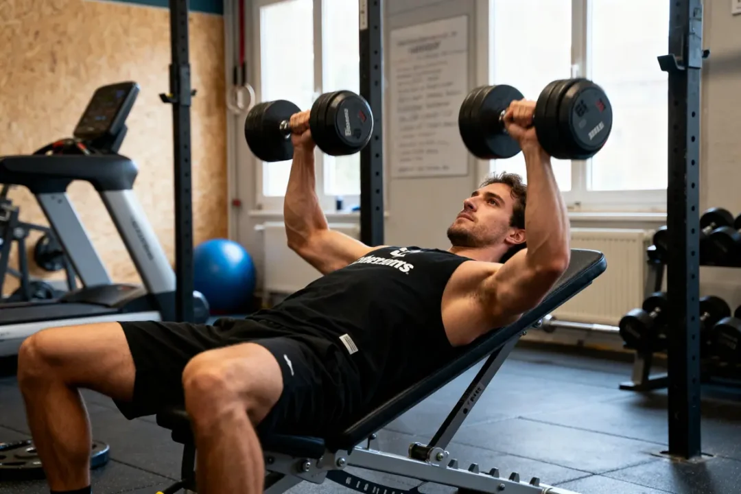 Homme soulevant des haltères sur banc incliné dans une salle de sport. Équipement d'entraînement visible en arrière-plan.