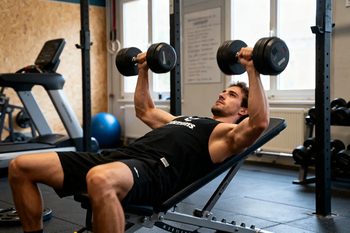 Homme soulevant des haltères sur banc incliné dans une salle de sport. Équipement d'entraînement visible en arrière-plan.