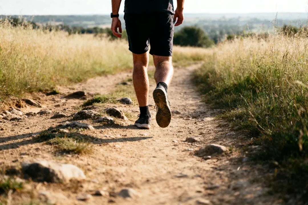 Personne marchant sur chemin de terre, vêtu de shorts, entre hautes herbes, par temps ensoleillé.
