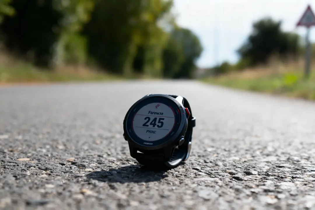 Montre connectée posée sur une route ensoleillée, affichant l'écran avec des arbres en arrière-plan flouté.