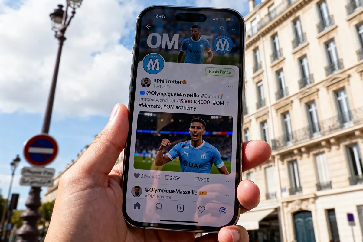 Un smartphone montre un tweet de l'Olympique de Marseille en plein air à Paris.