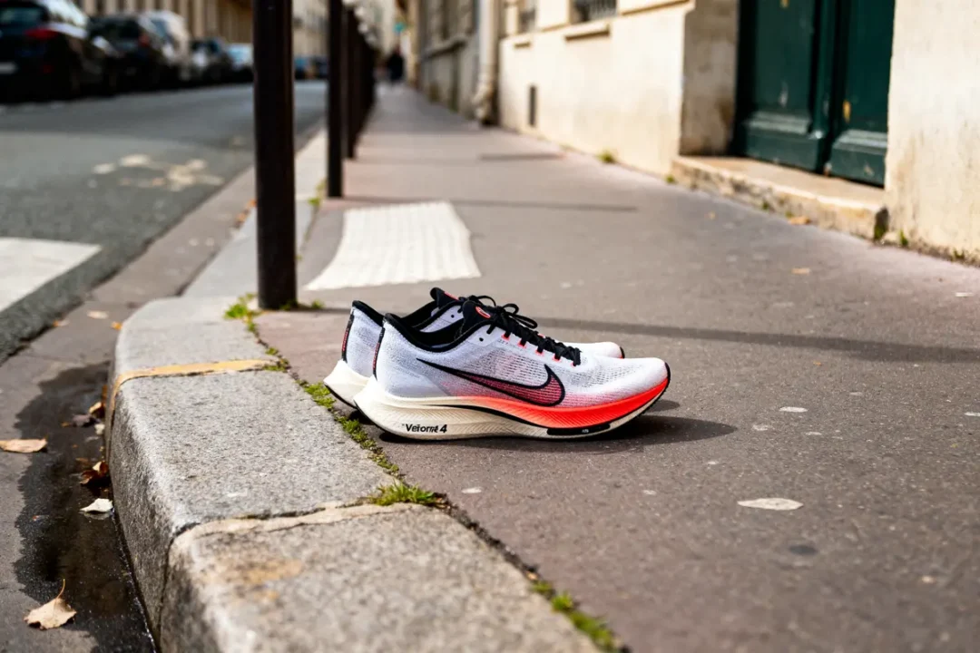Paire de chaussures de sport blanches et rouges sur un trottoir urbain.