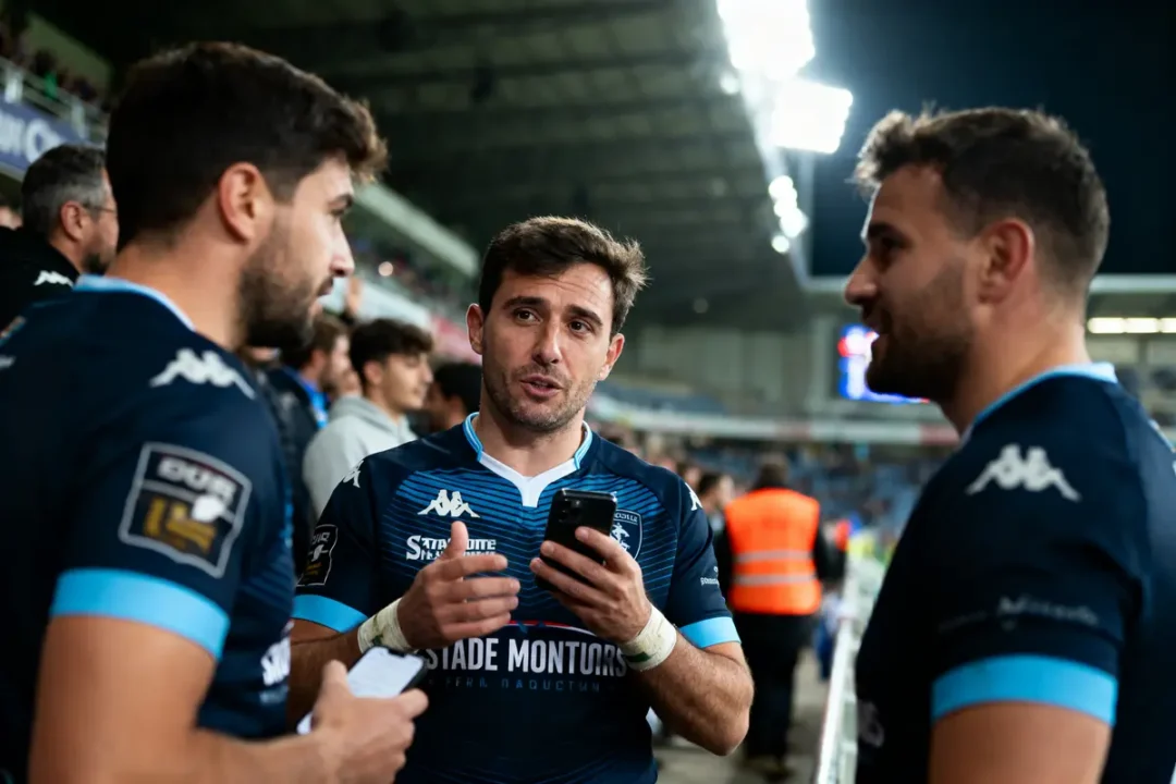 Trois joueurs de rugby discutent sur le terrain, portant des maillots bleus.