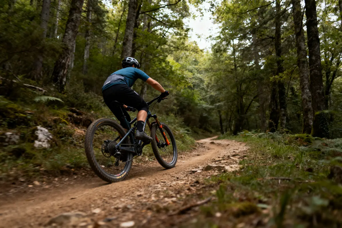 Cycliste en VTT sur sentier forestier, entouré d'arbres verts et chemin terreux.