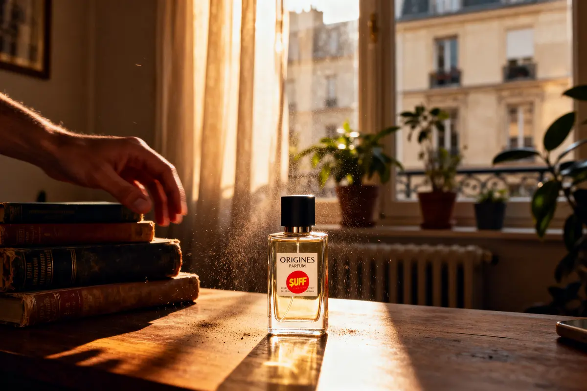 Flacon de parfum et pile de livres sur table ensoleillée, avec main allongeant, plantes en arrière-plan.