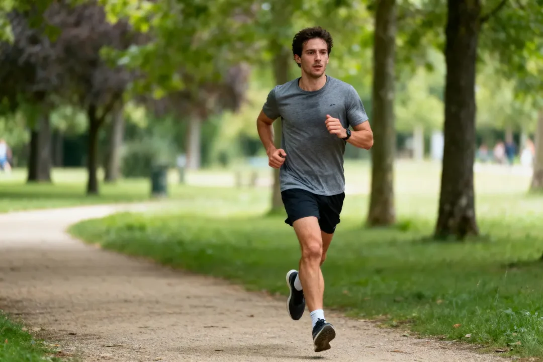 Homme courant sur un chemin de terre dans un parc verdoyant, portant un t-shirt gris et short noir.