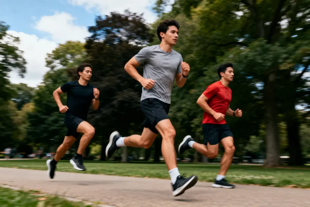 Trois hommes courent dans un parc, portant des tenues de sport. Arbres en arrière-plan, ciel partiellement nuageux.
