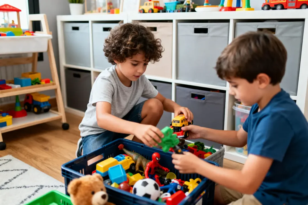 Deux enfants jouent avec des jouets colorés dans une salle de jeux bien organisée avec étagères.