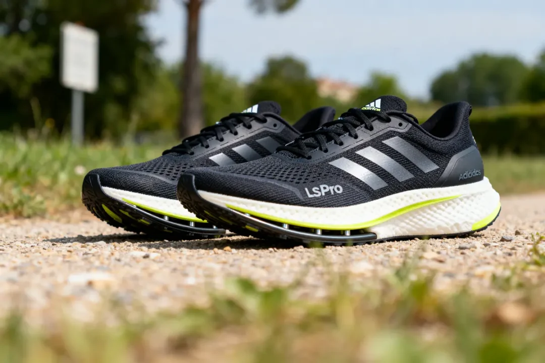 Chaussures de course Adidas Adios Pro 3 noires posées sur un chemin extérieur ensoleillé