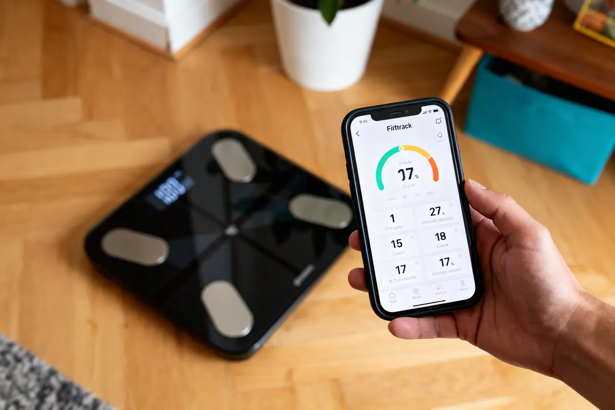 Personne utilisant une application mobile Balance Fittrack pour suivre les données de santé corporelle