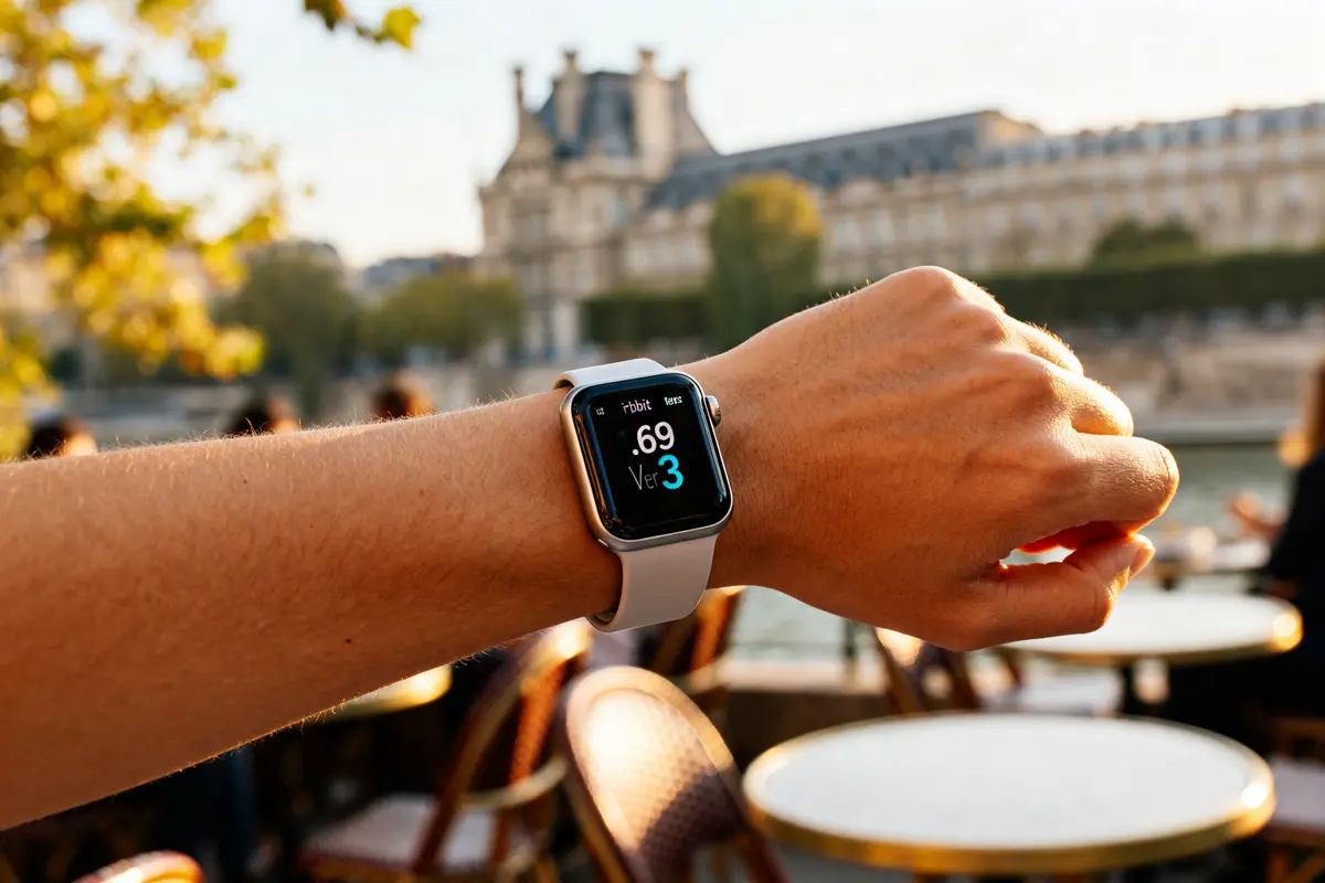 Montre Fitbit Versa 3 sur poignet en terrasse parisienne avec vue sur un bâtiment historique