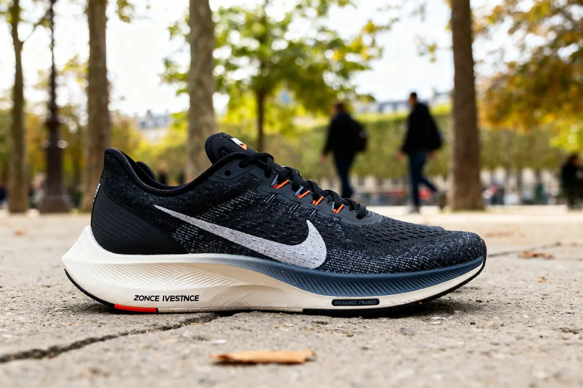 Chaussure de course noire Nike Invincible sur trottoir avec arbres en arrière-plan