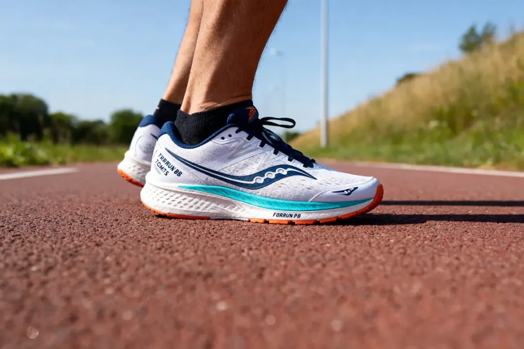 Homme courant sur piste avec chaussures Saucony Tempus blanches et bleues.