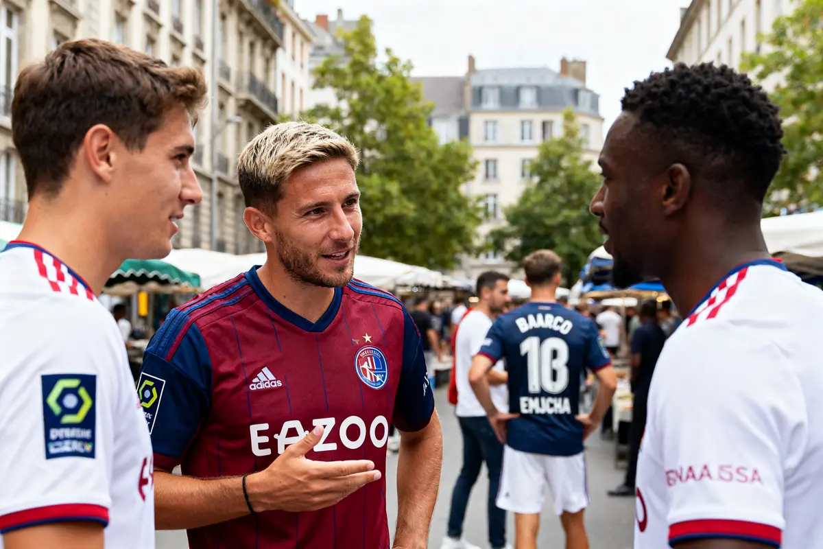 Trois joueurs discutent en plein air pendant le mercato à Strasbourg en tenues de club.