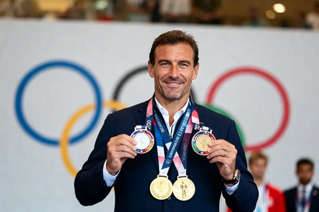 Homme souriant tenant quatre médailles, illustrant le palmarès de David Douillet au judo