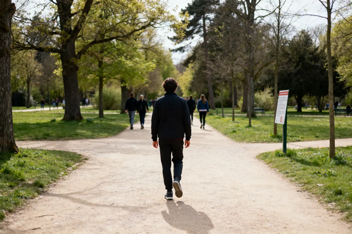 Personne marchant dans un parc ensoleillé se demandant 10000 pas combien de temps nécessaire