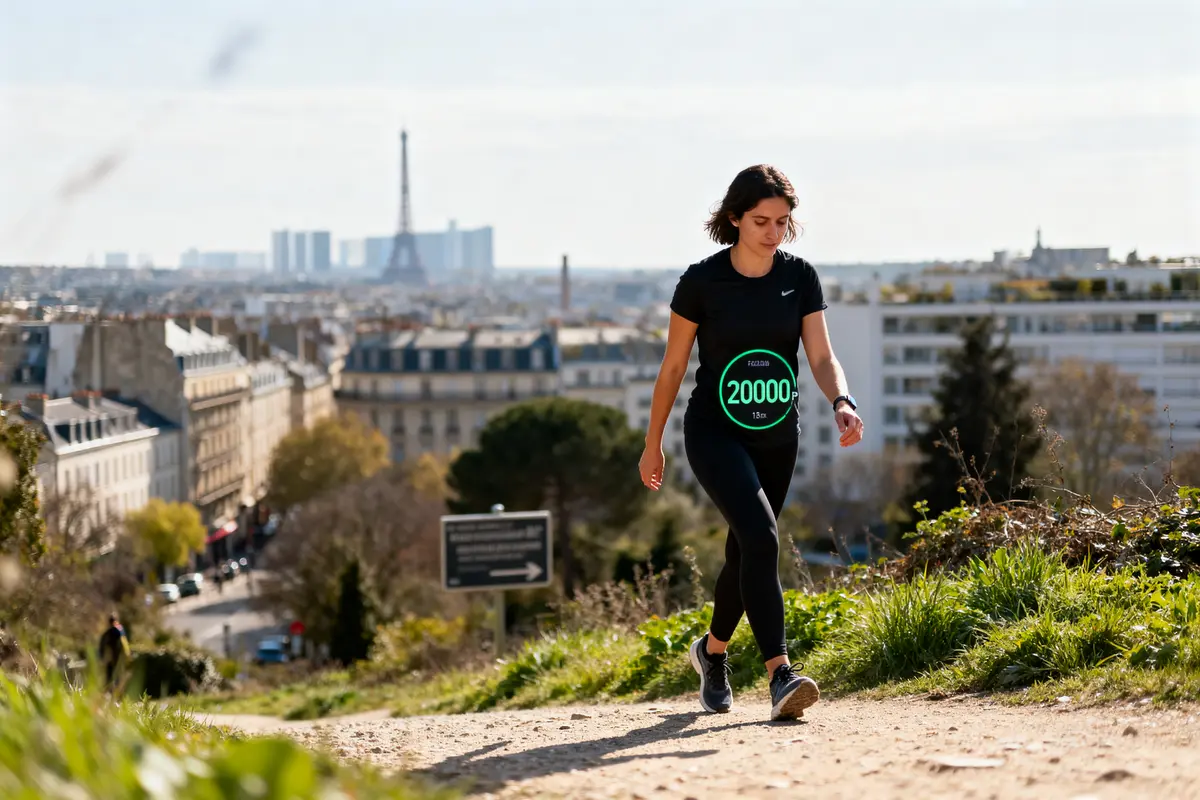 Femme marchant à Paris atteignant 20000 pas en km devant la Tour Eiffel