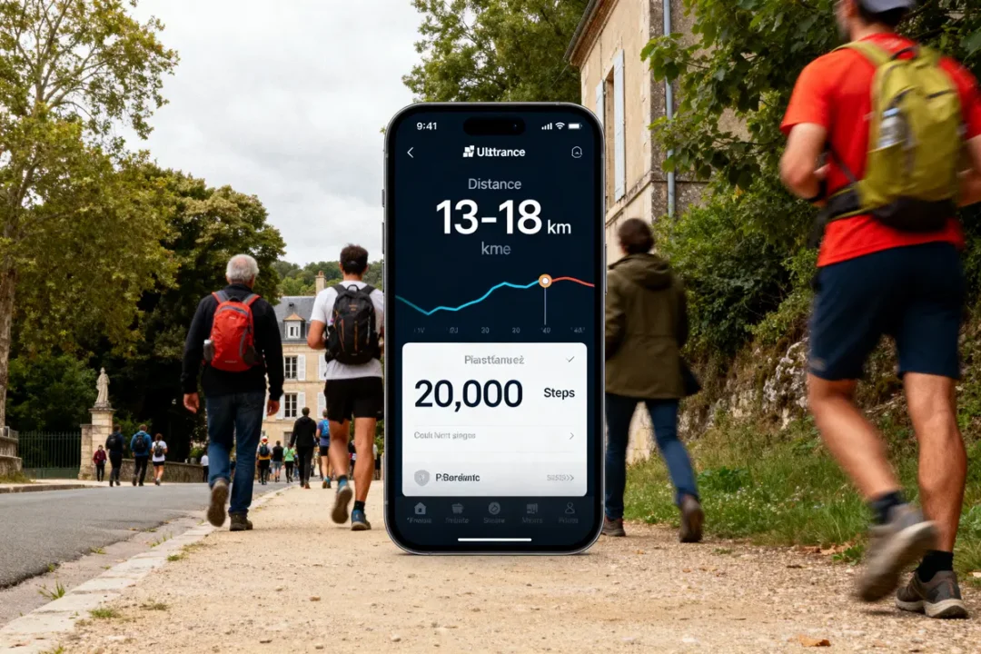 Écran affichant 20000 pas en km pendant randonnée dans un parc avec randonneurs.