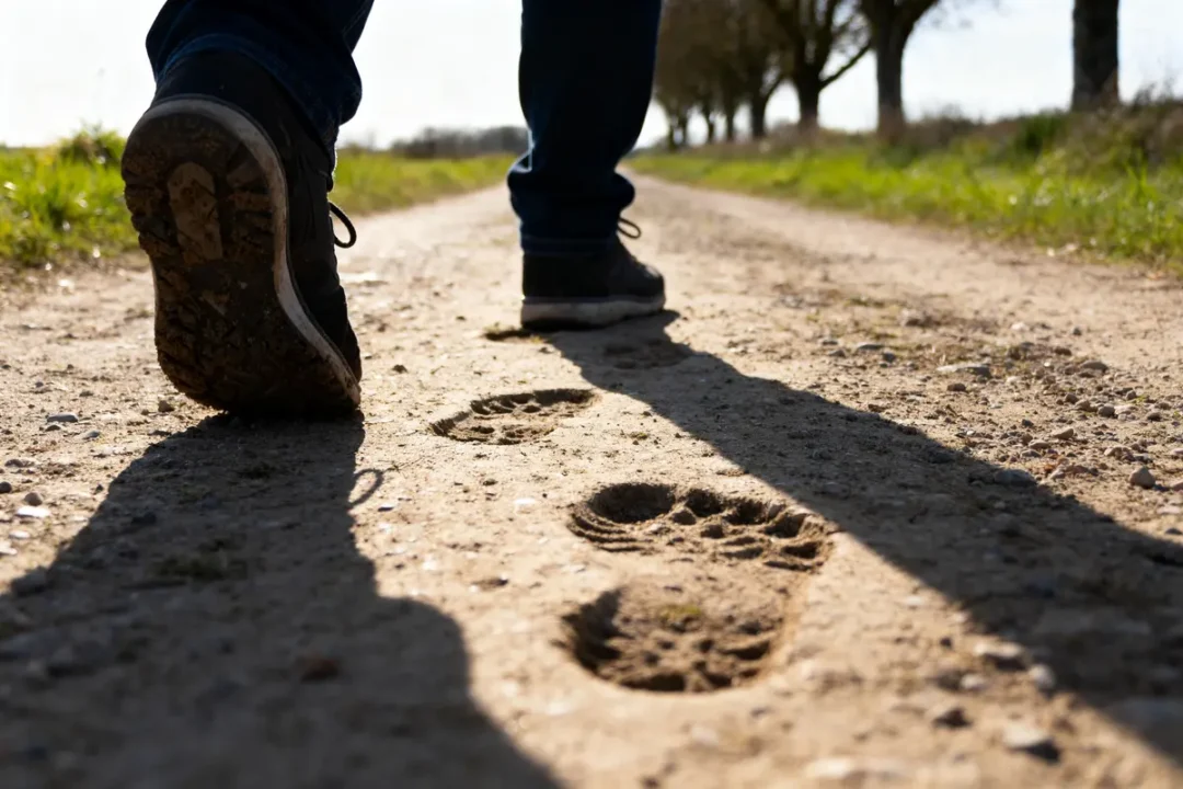Personne marchant sur chemin rural illustrant 20000 pas en km parcourus quotidiennement