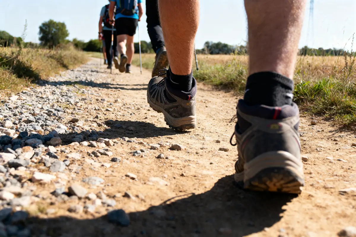 Personnes marchant sur un chemin poussiéreux représentant l'équivalence de 20000 pas en km