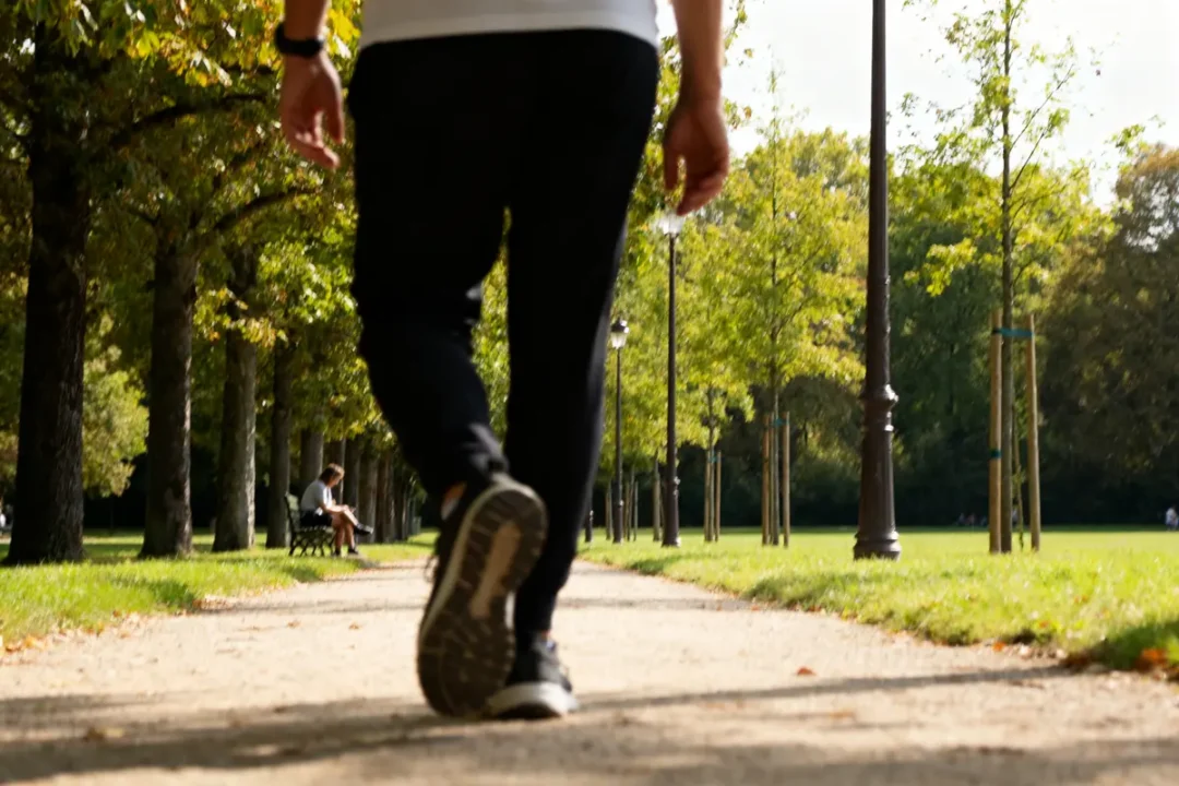 Personne marchant dans un parc, symbolisant 20000 pas en km parcourus quotidiennement en extérieur