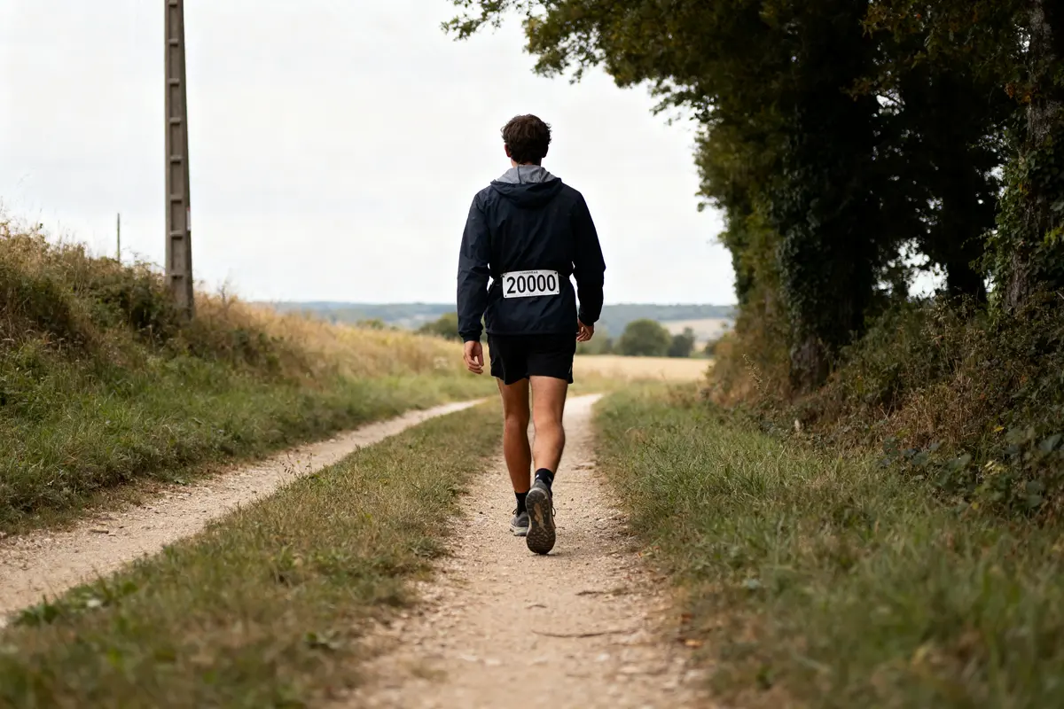 Homme marche sur chemin avec panneau 20000, explorant conversion 20000 pas en km