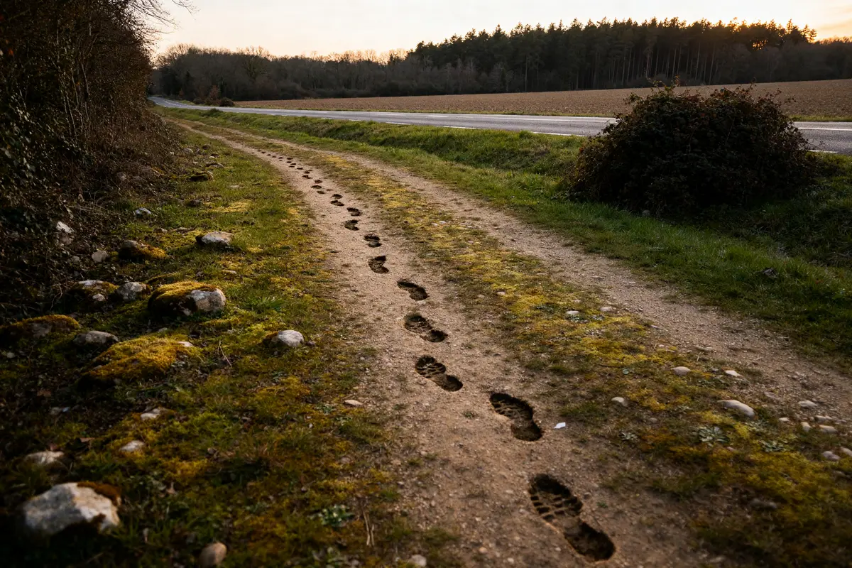 Empreintes sur sentier forestier indiquant 20000 pas en km convertis en distance parcourue