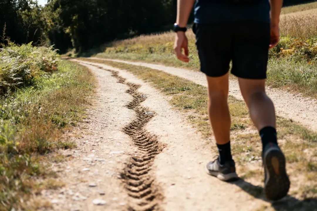 Homme marchant sur un chemin rural mesurant 20000 pas en km durant une randonnée