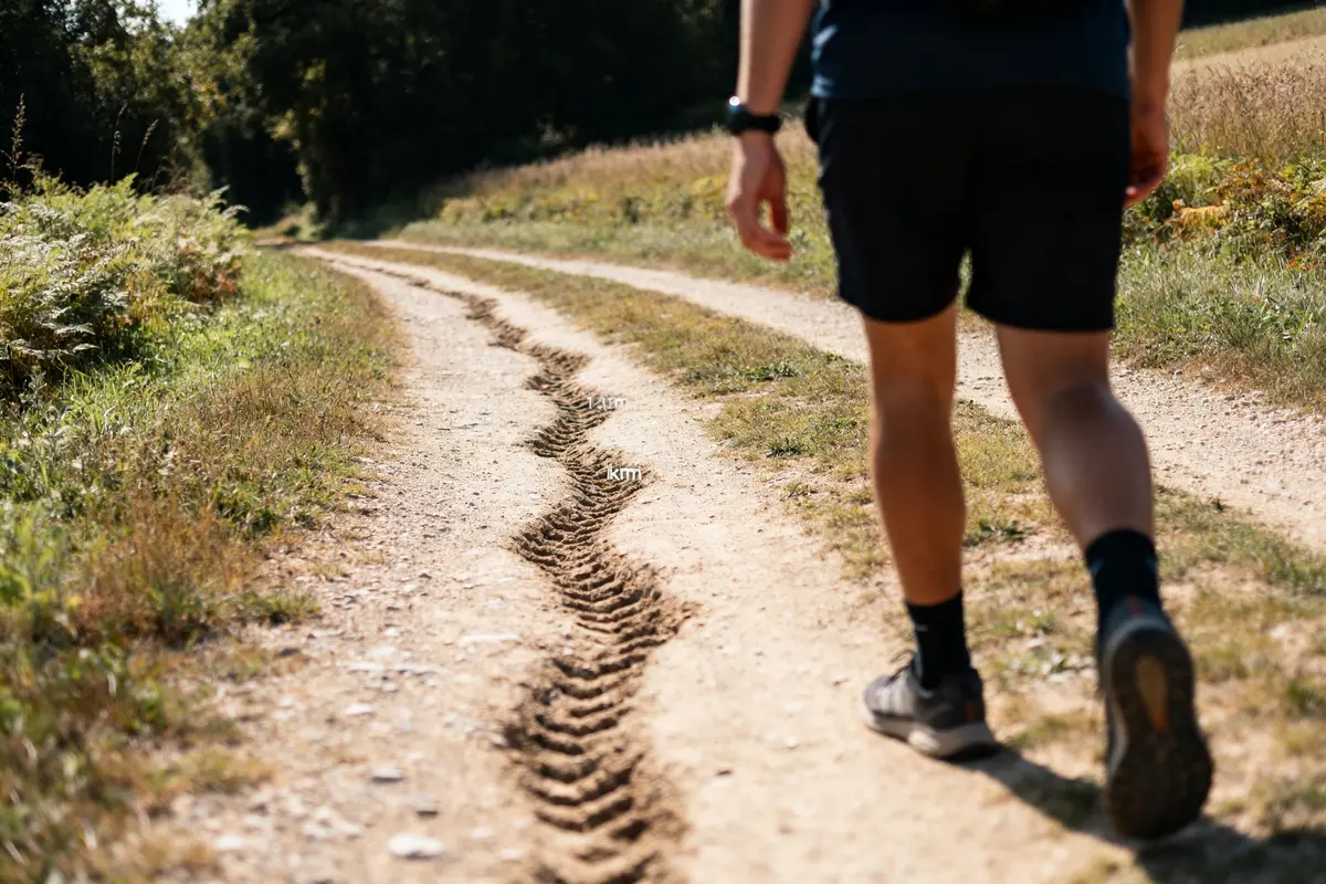 Homme marchant sur un chemin rural mesurant 20000 pas en km durant une randonnée