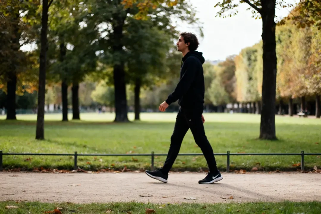 Homme marchant dans un parc vert calculant 20000 pas en km pendant la promenade