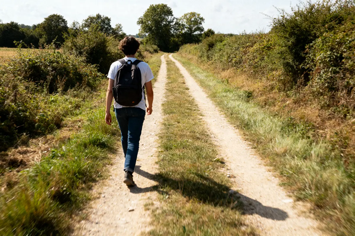Homme marchant sur chemin rural ensoleillé représentant 20000 pas en km randonnée.