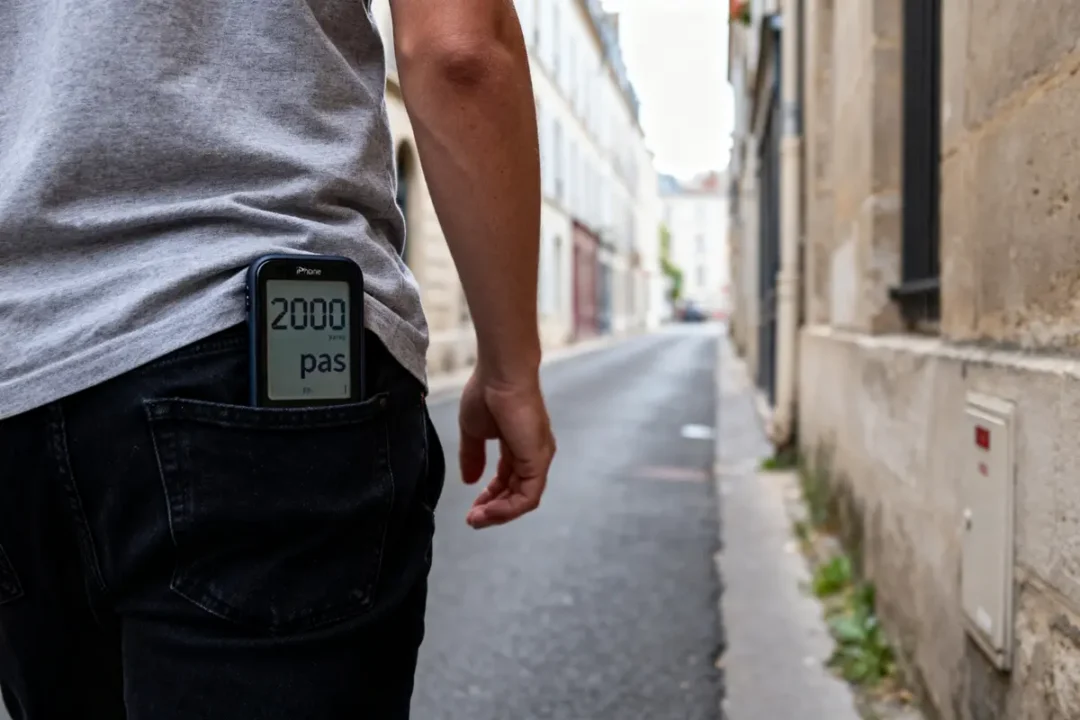 Homme dans la rue avec podomètre affichant 20000 pas en km dans sa poche arrière