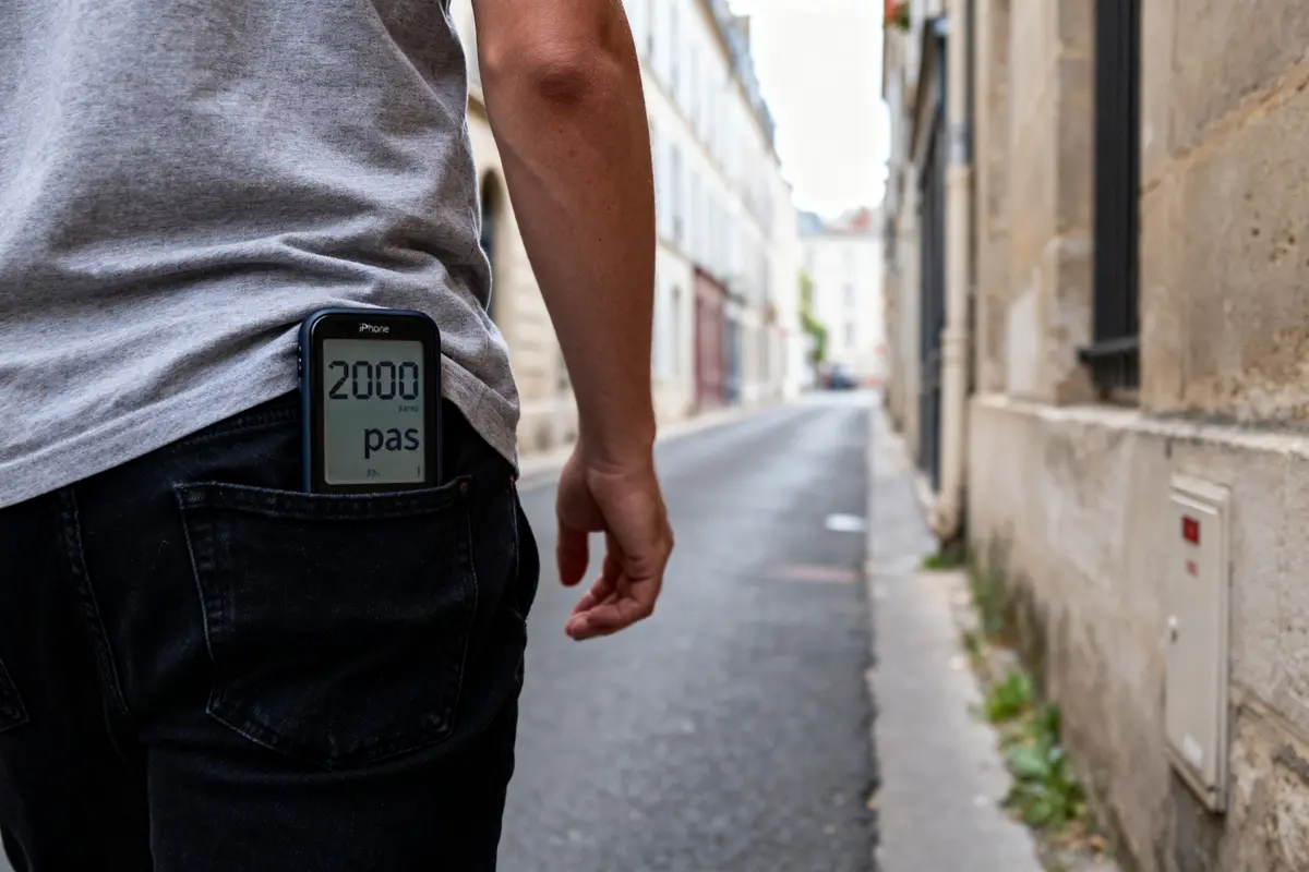 Homme dans la rue avec podomètre affichant 20000 pas en km dans sa poche arrière