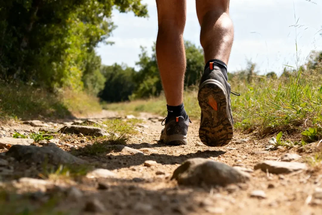 Personne marchant sur sentier forestier illustrant 20000 pas en km pour la randonnée santé