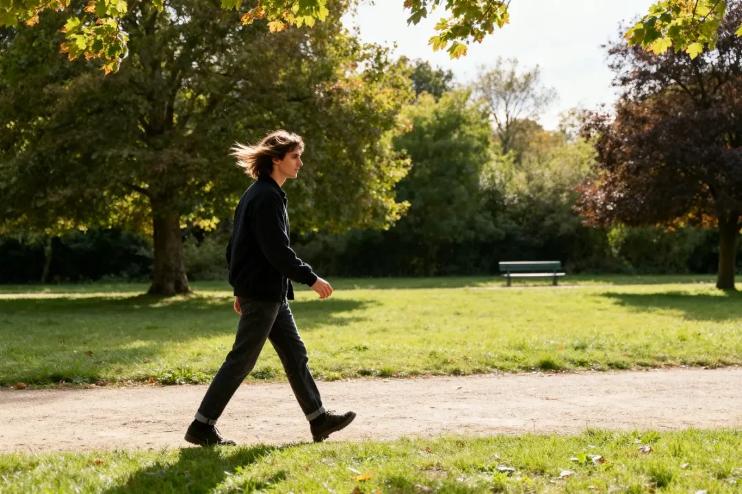 Un homme marche dans un parc vert illustrant l'équivalent de 20000 pas en km