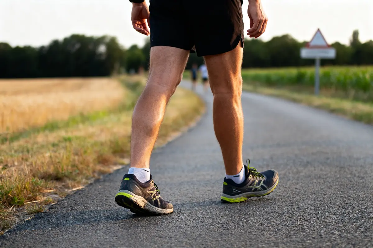 Homme marchant sur une route de campagne pour atteindre 20000 pas en km quotidiennement
