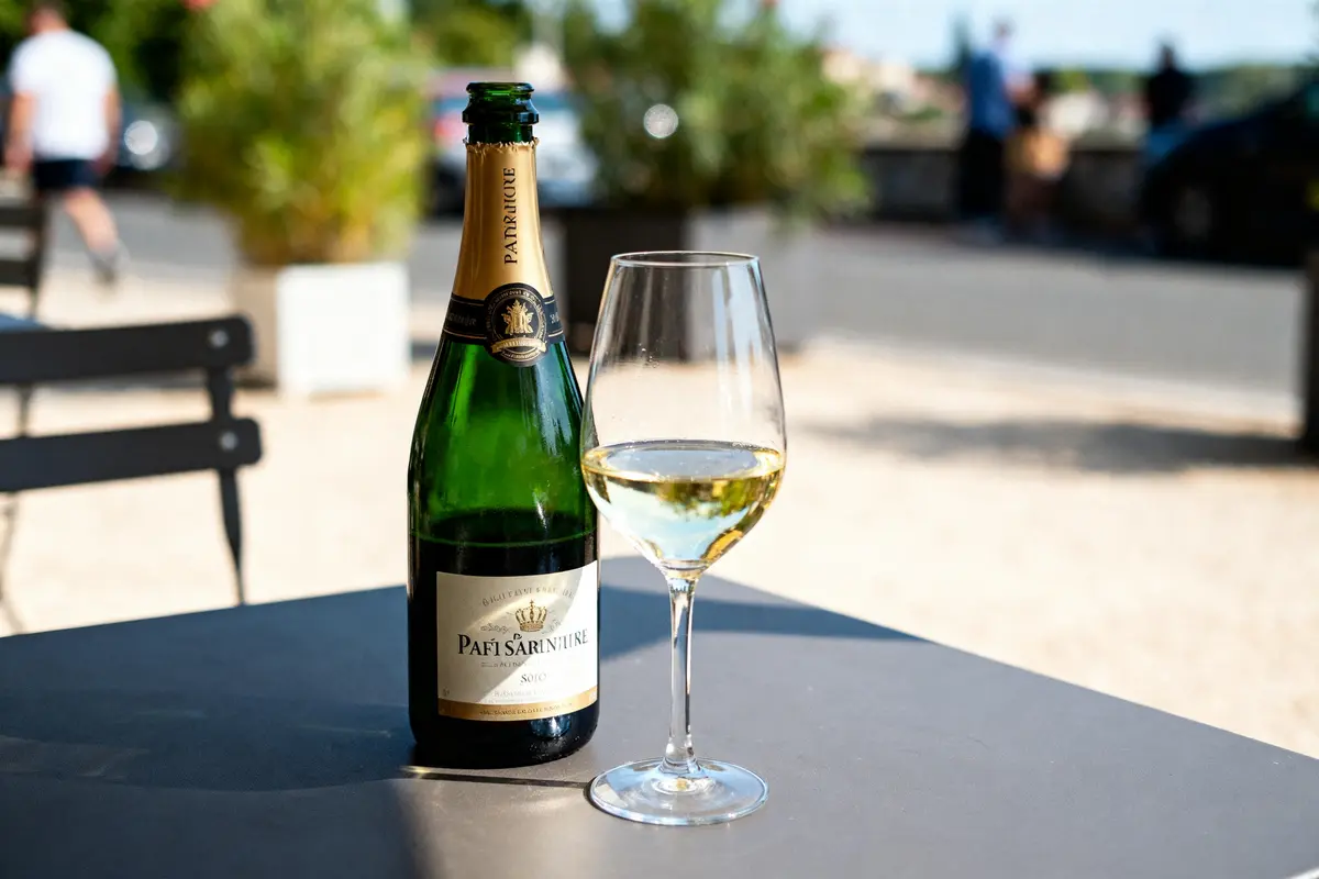 Bouteille de vin pétillant et verre sur table extérieure alcool le moins calorique populaire.
