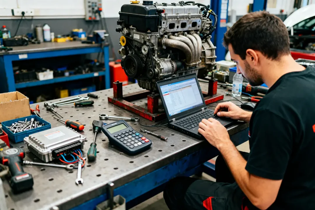 Technicien vérifiant moteur avec ordinateur portable dans atelier mécanique brperf