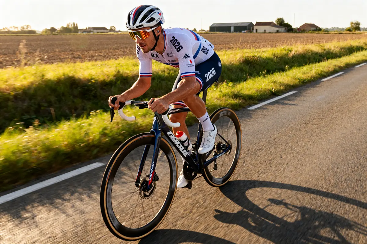 Cycliste sur route en tenue officielle pédalant en campagne pour cyclism actu