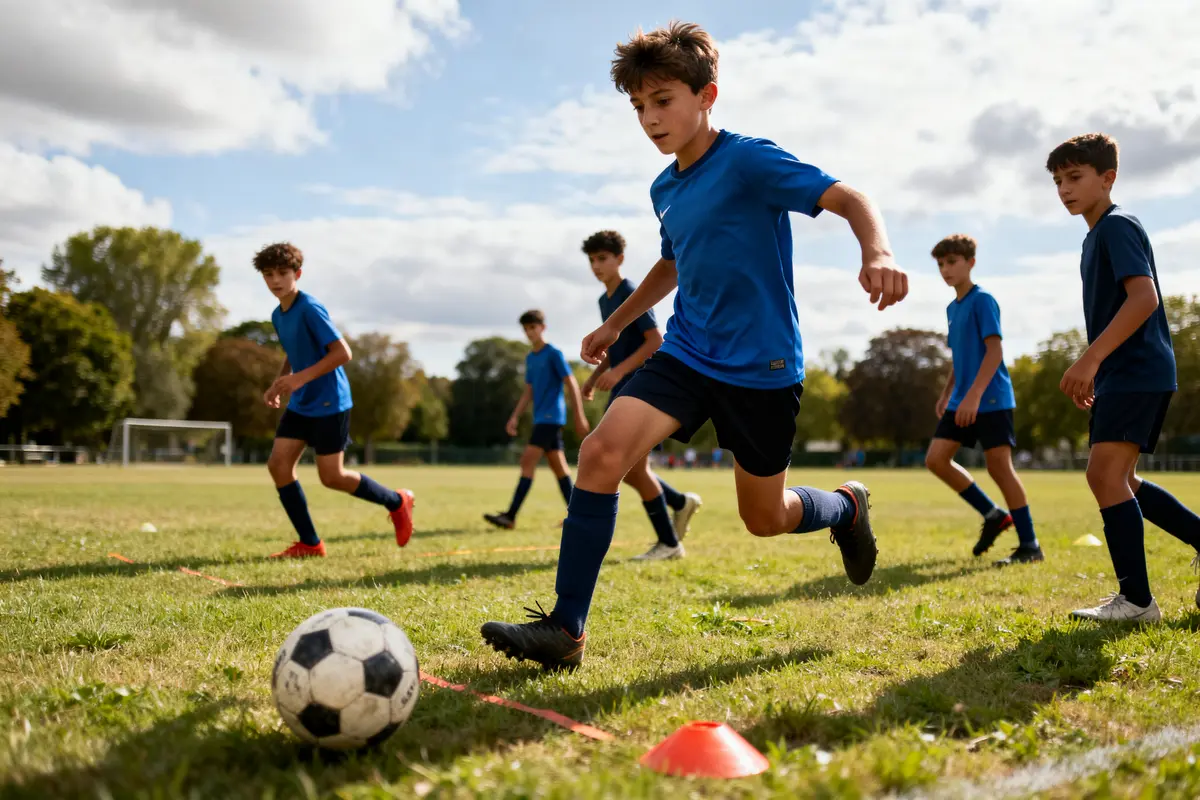 Jeunes footballeurs en entraînement sur terrain lors de la détection foot 2025