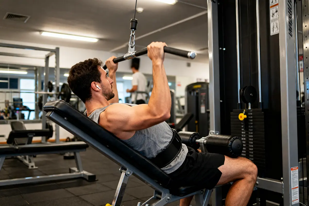 Homme effectuant un ext tricep inclinée sur une machine de musculation en salle de sport