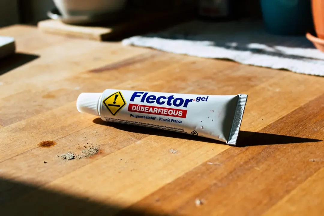 Tube de Flector gel dangereux sur table en bois éclairée par le soleil