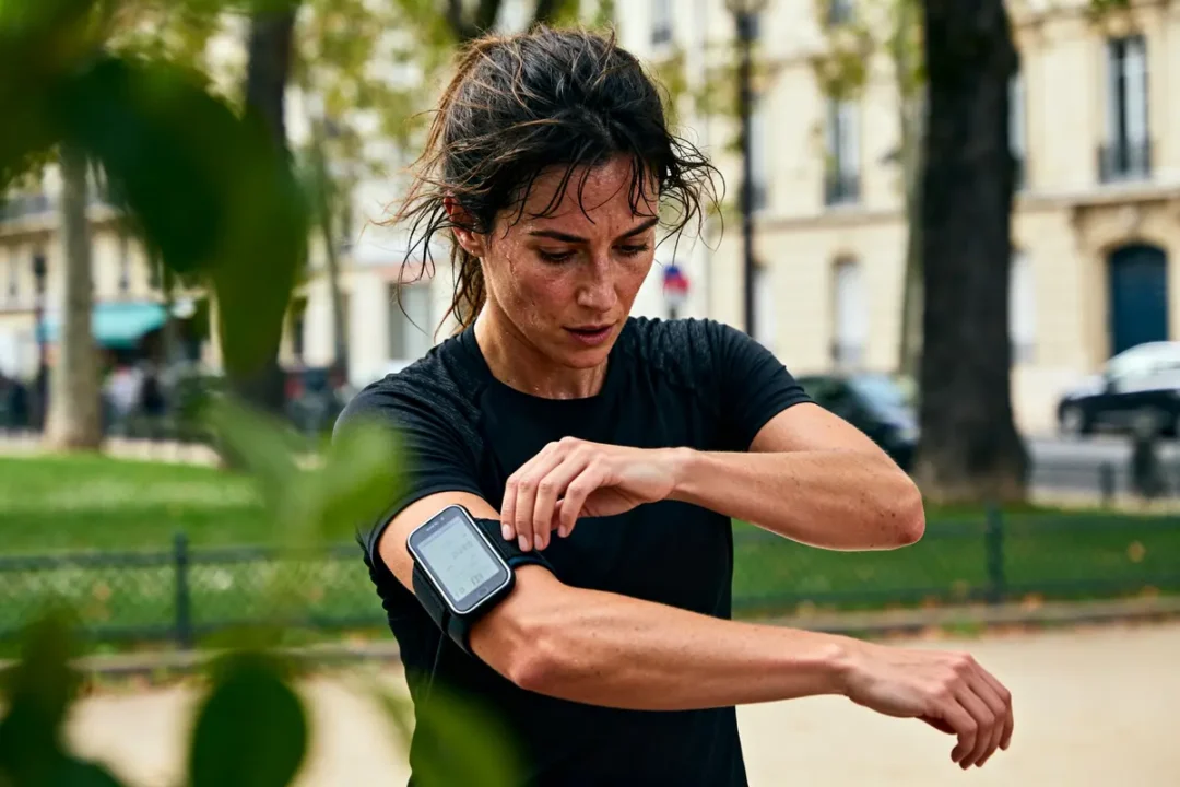 Femme vérifiant fréquence cardiaque à l'effort avec un appareil portable pendant l'exercice