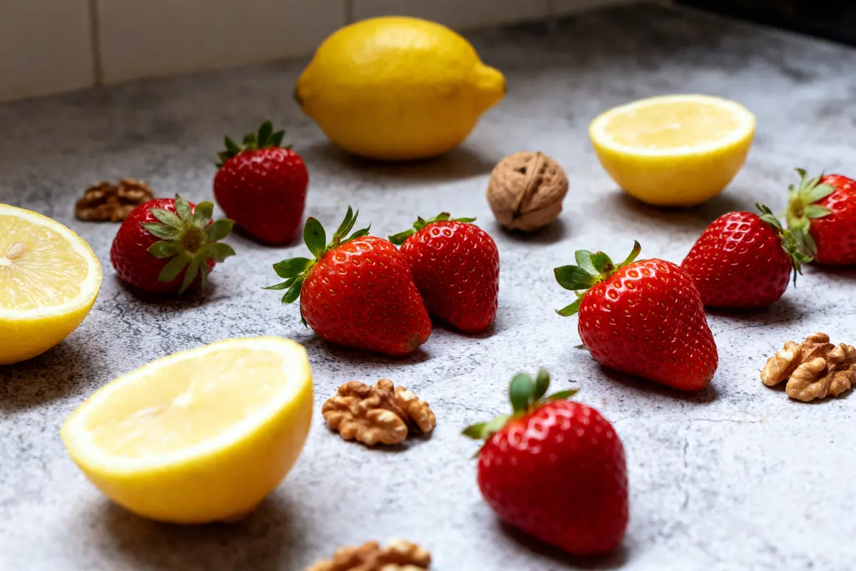 Citron et fraises sur table avec noix, fruits les moins sucrés visibles ensemble