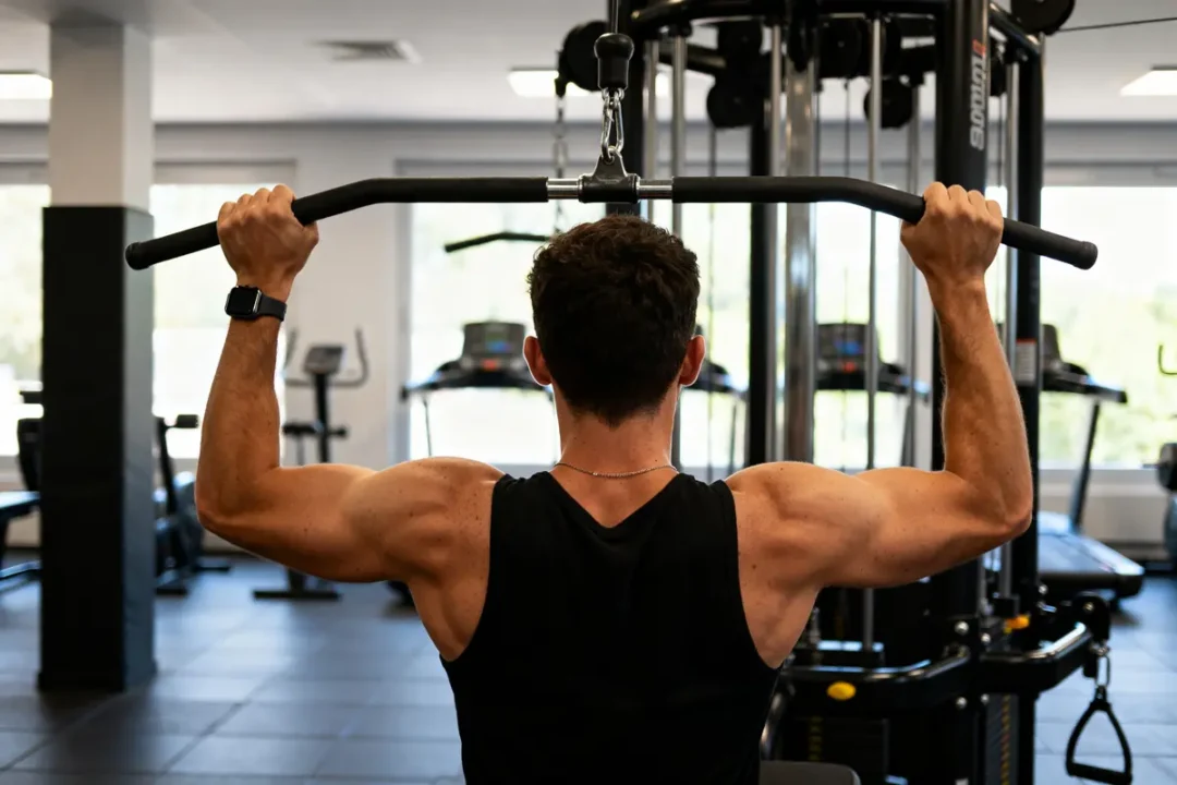 Homme effectuant un grand dorsal exercice à la salle de sport avec une barre