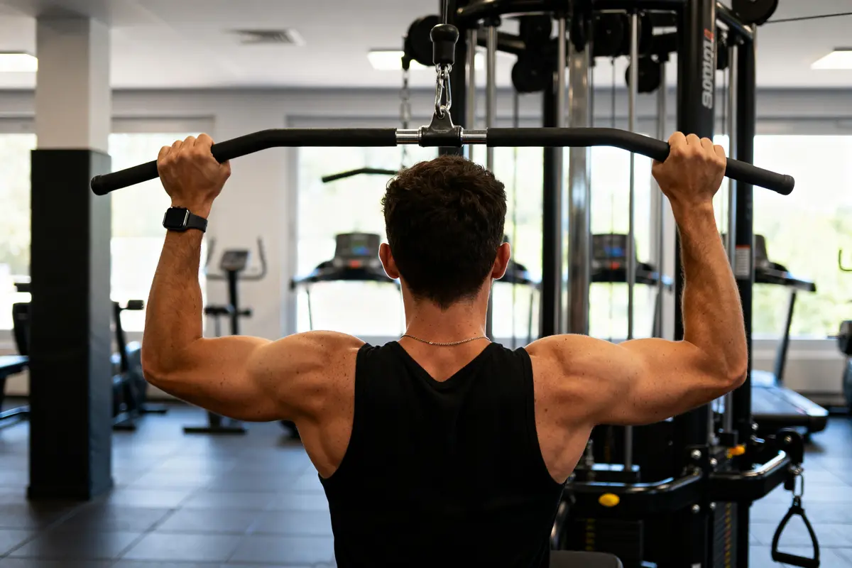 Homme effectuant un grand dorsal exercice Ă la salle de sport avec une barre