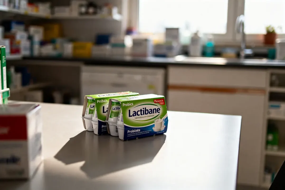 Boîtes de Lactibiane probiotiques posées sur une table en pharmacie expliquent lactibiane pourquoi.