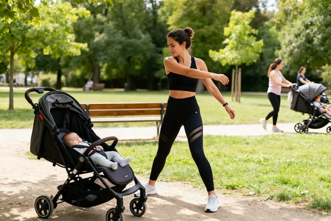 Femme sportive faisant des étirements avec poussette dans le parc mamanenforme.fr