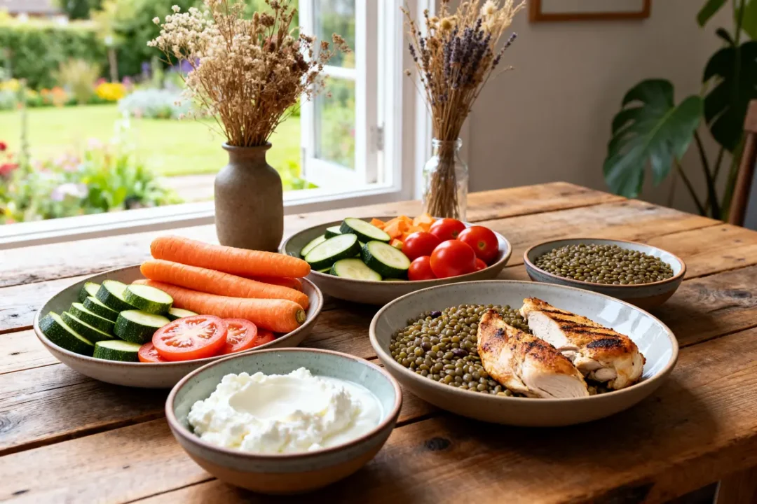 Légumes frais, poulet grillé et lentilles pour programme sèche femme pdf gratuit sain et équilibré